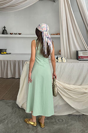 KETEN KOLSUZ KARE YAKA DÜĞME DETAYLI ELBİSE - Mint