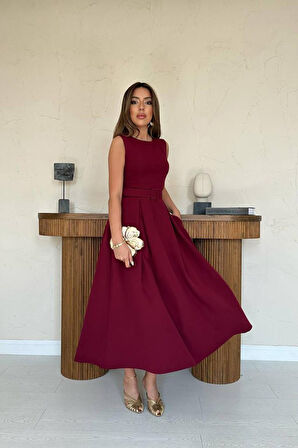 Bordo Halter Yaka Kloş Elbise