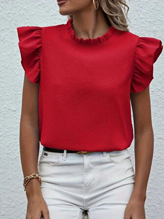 Kadın Kısa Kollu Fırfır Yakalı Bürümcük Bluz