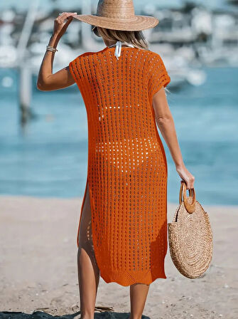 Kadın Sıfır Kol V Yaka Yanı Derin Yırtmaçlı Midi Boy Triko Elbise