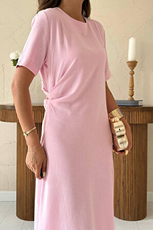 Pudra Pileli Bisiklet Yaka Elbise