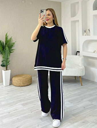 Kadın Kısa Kollu Bisiklet Yaka çift Renk şerit Detaylı Viskon Iki Iplik Bluz Ve Pantolon Ikili Takım