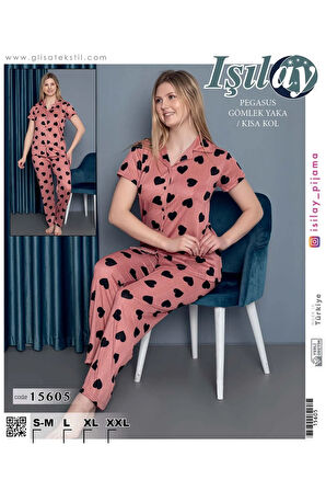 Pembe Kısa Kol Gömlek Yaka Pijama Takım