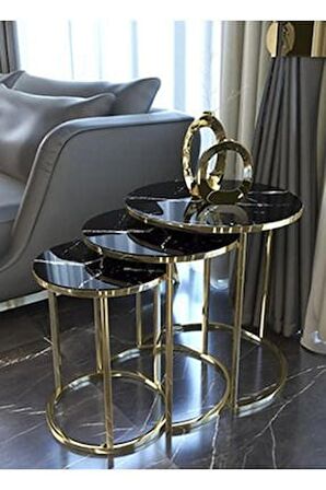 4 Lü Siyah Aynalı Temperli Kırılmaz Cam Gold Metal Ayaklı Cam C Model Sehpa Takımı