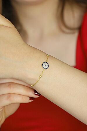 925 Ayar Zirkon Taşlı Gold Nazar Boncuk Gümüş Bileklik