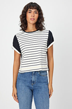 ALEXANDERGARDI ÇİZGİLİ LACİVERT CROP T-SHİRT (B21-326 00)