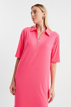 ALEXANDERGARDİ FİTİLLİ FERMUAR DETAYLI GÖMLEK YAKA ELBİSE (B23-00108)