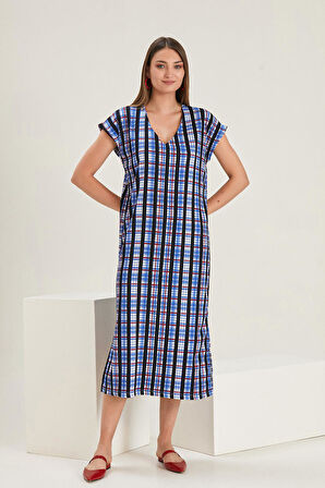 ALEXANDERGARDI V YAKA DESENLİ YIRTMAÇLI ELBİSE (B22-22900)