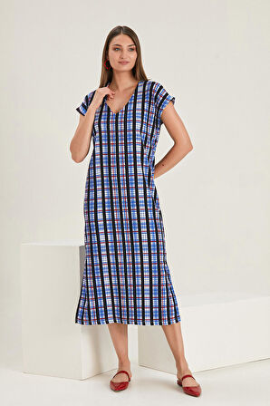 ALEXANDERGARDI V YAKA DESENLİ YIRTMAÇLI ELBİSE (B22-22900)