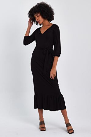 ALEXANDERGARDI V YAKA ETEĞİ FIRFIRLI UZUN ELBİSE (B22-247A)