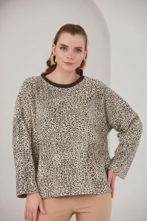 ALEXANDERGARDI BASİC LEOPAR DESENLİ POLAR SWEATSHİRT (B22-383A)