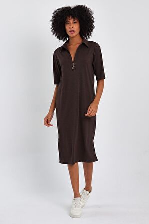 ALEXANDERGARDİ FİTİLLİ FERMUAR DETAYLI GÖMLEK YAKA ELBİSE (B23-00108)