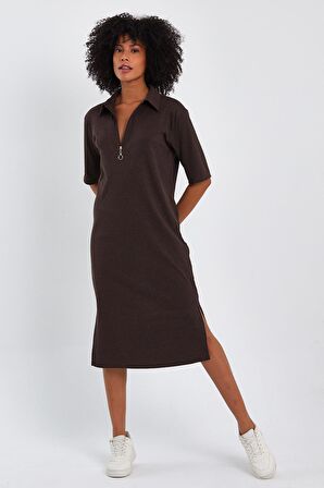 ALEXANDERGARDİ FİTİLLİ FERMUAR DETAYLI GÖMLEK YAKA ELBİSE (B23-00108)