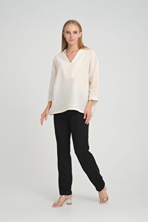 ALEXANDERGARDI V POLO YAKA İNCE KETEN OVERSİZE BLUZ (B24-002)