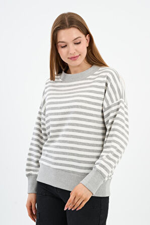 Kadın Bisiklet Yaka Çizgili Sweatshirt (B24-00248)