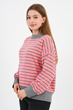 Kadın Bisiklet Yaka Çizgili Sweatshirt (B24-00248)