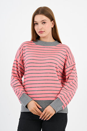Kadın Bisiklet Yaka Çizgili Sweatshirt (B24-00248)