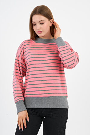 Kadın Bisiklet Yaka Çizgili Sweatshirt (B24-00248)