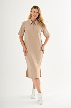 ALEXANDERGARDİ FİTİLLİ FERMUAR DETAYLI GÖMLEK YAKA ELBİSE (B23-00108)