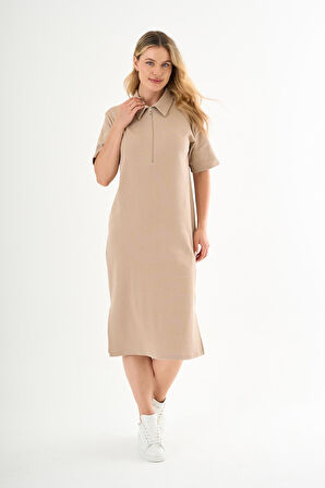 ALEXANDERGARDİ FİTİLLİ FERMUAR DETAYLI GÖMLEK YAKA ELBİSE (B23-00108)