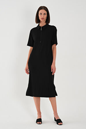 ALEXANDERGARDİ FİTİLLİ FERMUAR DETAYLI GÖMLEK YAKA ELBİSE (B23-00108)