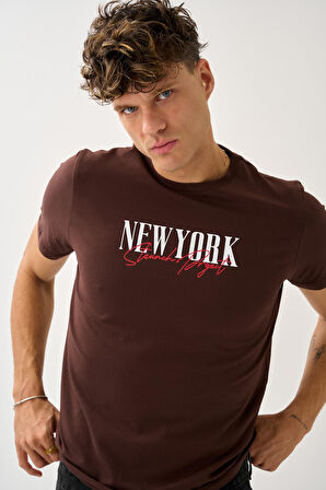 Oversize Bisiklet Yaka Baskılı T-Shirt