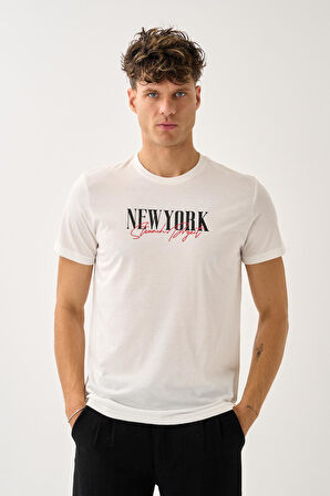 Oversize Bisiklet Yaka Baskılı T-Shirt