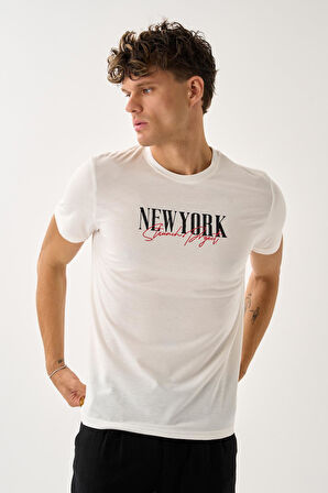 Oversize Bisiklet Yaka Baskılı T-Shirt