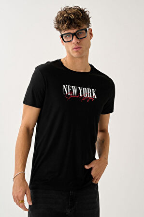 Oversize Bisiklet Yaka Baskılı T-Shirt