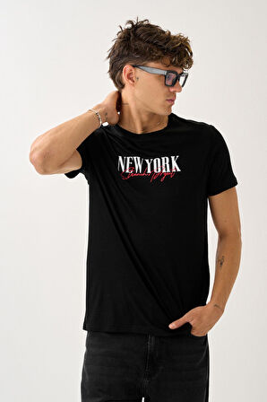 Oversize Bisiklet Yaka Baskılı T-Shirt