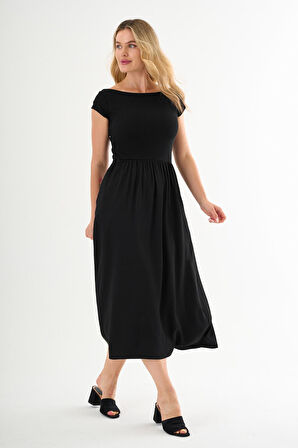 ALEXANDERGARDI Kısa Kollu Midi Boy Siyah Elbise