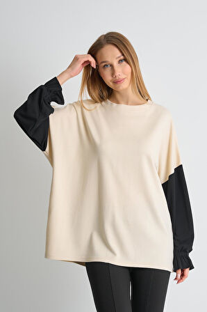 ALEXANDERGARDI Fırfırlı Kol Detaylı Garnili Renk Bloklu Kadın Sweatshirt