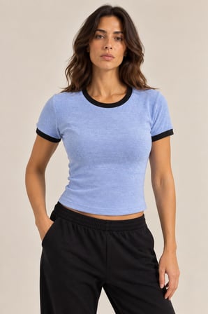 Kontrast Biyeli Havlu Dokulu T-shirt