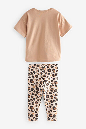 Next Baby Pamuklu Kahverengi Leopar Desenli Kısa Kollu Taytlı Takım