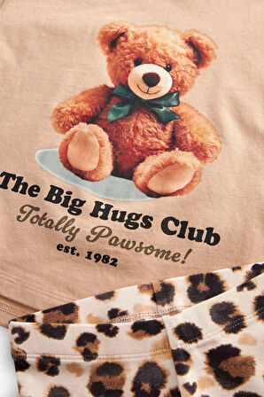 Next Baby Pamuklu Kahverengi Leopar Desenli Kısa Kollu Taytlı Takım