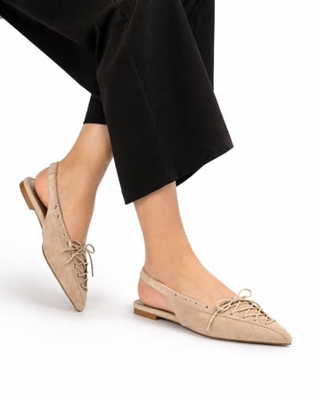 Kadın Süet Bağcıklı Slingback Babet Sivri Burun Arkası Açık Günlük Ayakkabı