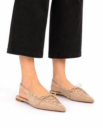 Kadın Süet Bağcıklı Slingback Babet Sivri Burun Arkası Açık Günlük Ayakkabı