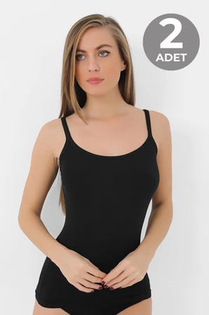 2 Adet Siyah Kadın Bambu Atlet Kalın İp Askı Yumuşak Esnek Hediye Rahat Giyim Klasik Tarz