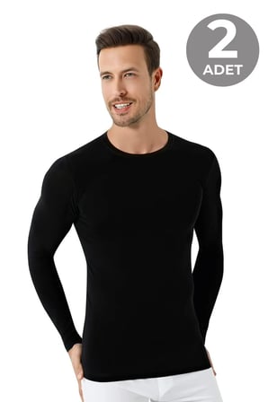 Delux Serisi Günlük Penye Kombin Erkek Siyah Bisiklet Yaka Uzun Kollu Fanila Tişört 2'li