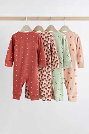 Next Baby % 100 Pamuklu Yeşil Turuncu Çiçek Desenli Ayaksız 4' lü Tulum Set