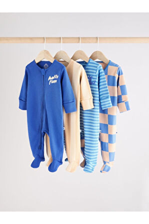 Next Baby %100 Pamuklu Mavi Baskılı Fermuarlı 4'lü Tulum Set