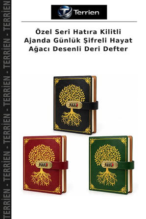 Özel Seri Hatıra Kilitli Ajanda Günlük Şifreli Hayat Ağacı Desenli Deri Defter