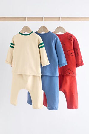 Next Baby Pamuklu Krem Mavi Kırmızı Varsity Ayı Desenli 3'lü Alt Üst Takım