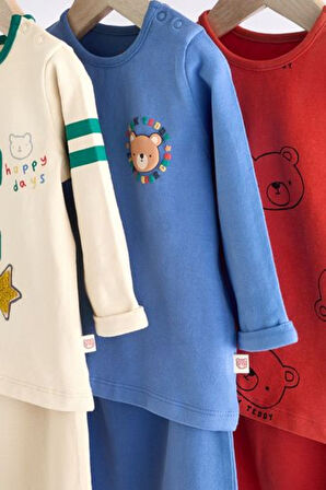 Next Baby Pamuklu Krem Mavi Kırmızı Varsity Ayı Desenli 3'lü Alt Üst Takım