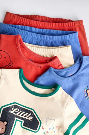 Next Baby Pamuklu Krem Mavi Kırmızı Varsity Ayı Desenli 3'lü Alt Üst Takım