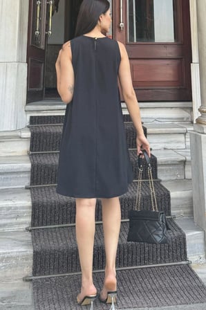 Kadın Siyah Hasır Cep Detaylı, Arka Düğme Kapama, Midi, Kloş Airobin Elbise