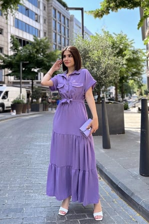 Mor Kısa Kol, Airobin Kumaş, Yarım Patlı, Kemerli/Kuşaklı, Eteği Pliseli, Cepli Maxi Uzun Elbise