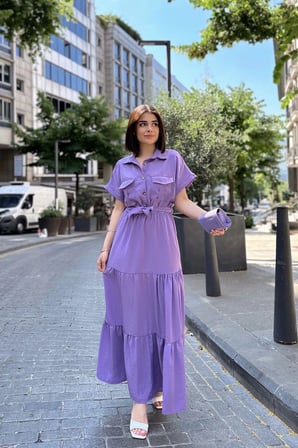 Mor Kısa Kol, Airobin Kumaş, Yarım Patlı, Kemerli/Kuşaklı, Eteği Pliseli, Cepli Maxi Uzun Elbise