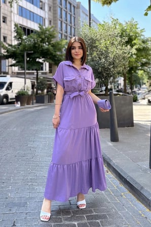 Mor Kısa Kol, Airobin Kumaş, Yarım Patlı, Kemerli/Kuşaklı, Eteği Pliseli, Cepli Maxi Uzun Elbise