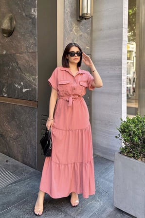 Gül Kurusu Kısa Kol, Airobin Kumaş, Yarım Patlı, Kuşaklı, Eteği Pliseli, Cepli Maxi Uzun Elbise